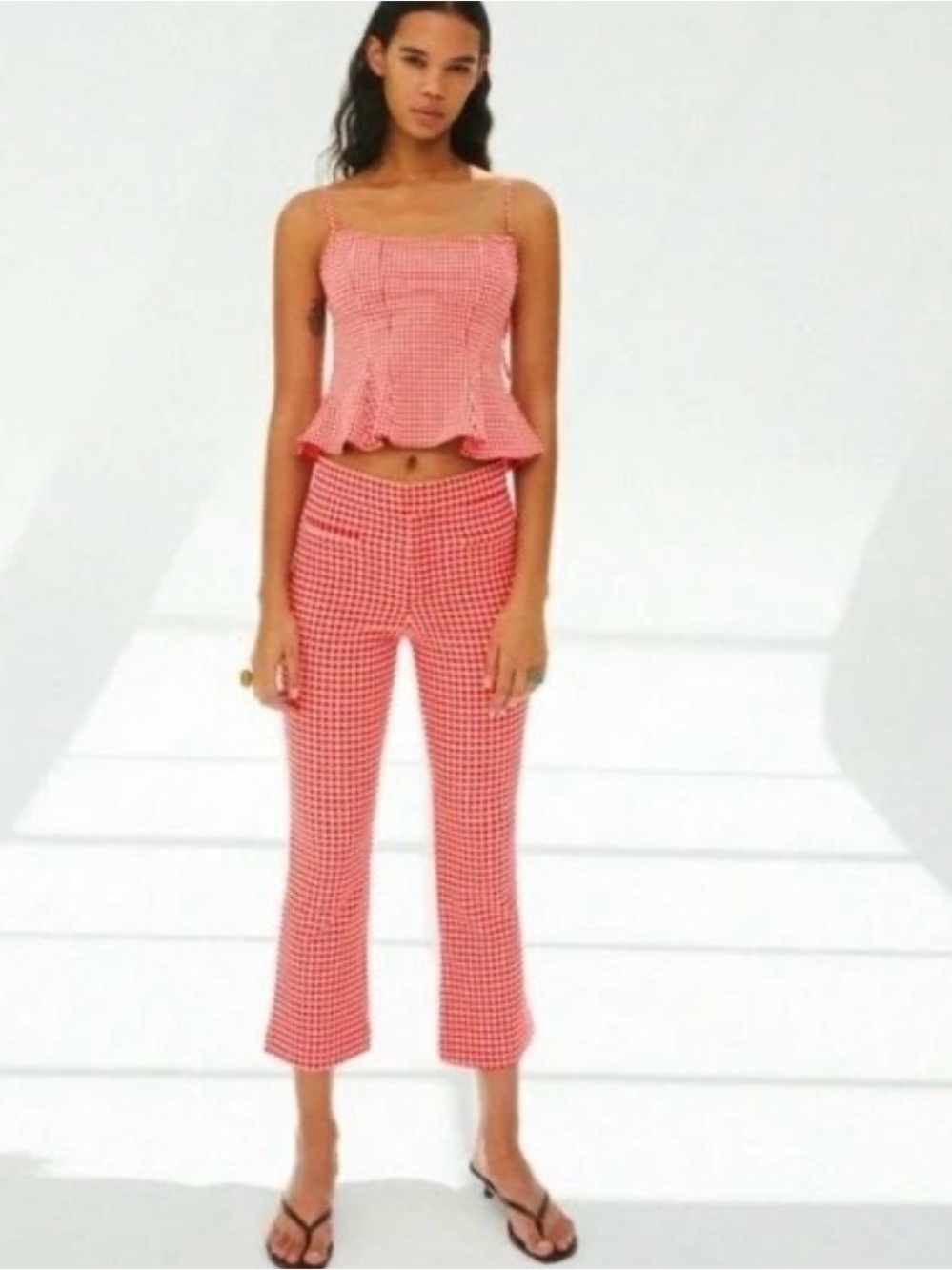 Zara Red Gingham Cropped Flare Pants